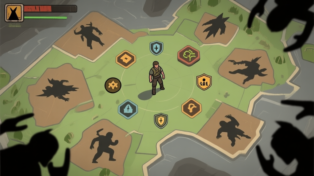 A top-down view of a stylized survival game map, showing a player character at the center, with icons for resources, safe zones, and enemy silhouettes radiating outwards, in a muted color palette of greens, browns, and greys high quality illustration, detailed, 16:9