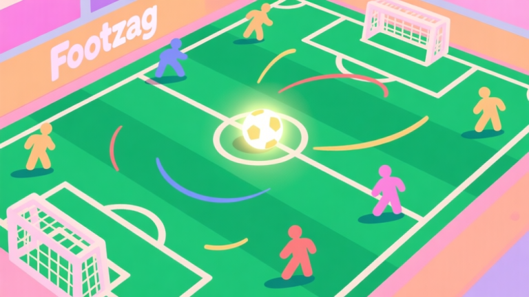 自动生成图片: A vibrant, top-down view of a colorful Footyzag match in progress, showing simplified player icons on a green pitch with a glowing ball, dynamic action lines indicating movement, soft pastel color palette high quality illustration, detailed, 16:9