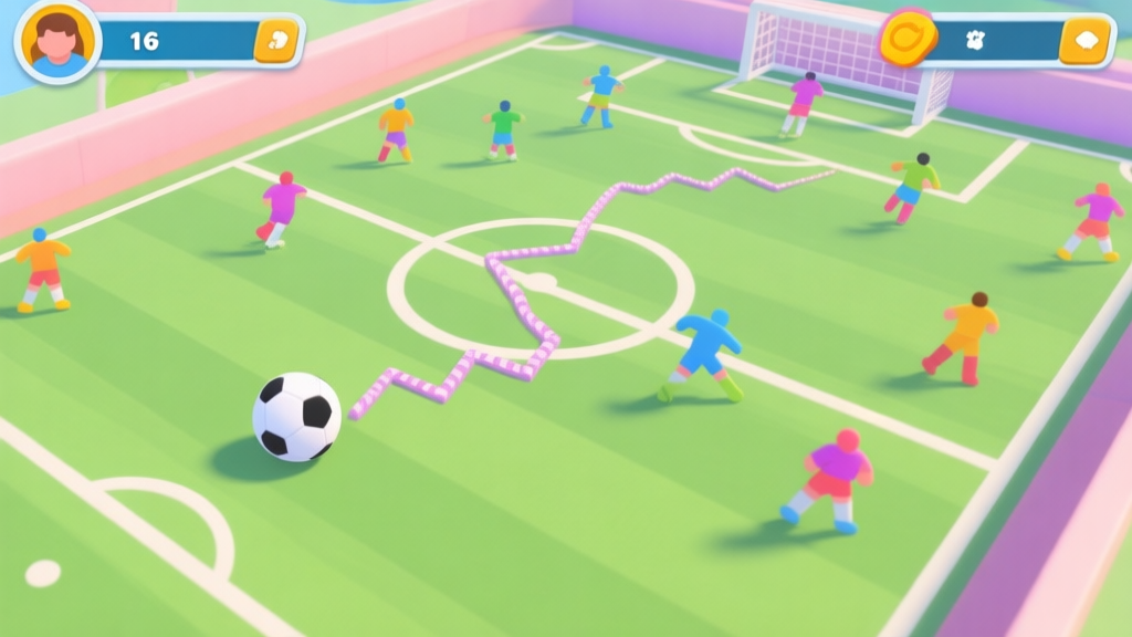 A vibrant, stylized mobile game interface showing a top-down soccer field with colorful player icons and a zigzagging trail following the ball, soft pastel colors, dynamic action shot high quality illustration, detailed, 16:9