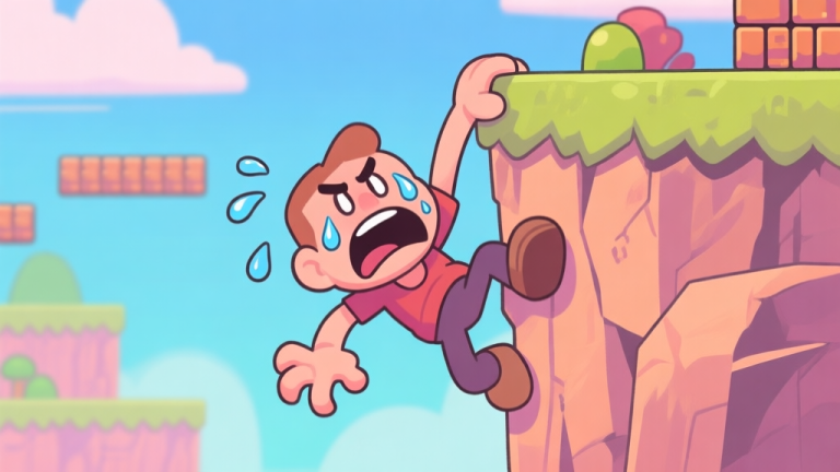 自动生成图片: A frustrated game character clinging to a cliff edge, with exaggerated sweat drops and a wobbly, about-to-fall pose, in a vibrant 2D platformer art style, soft pastel colors high quality illustration, detailed, 16:9