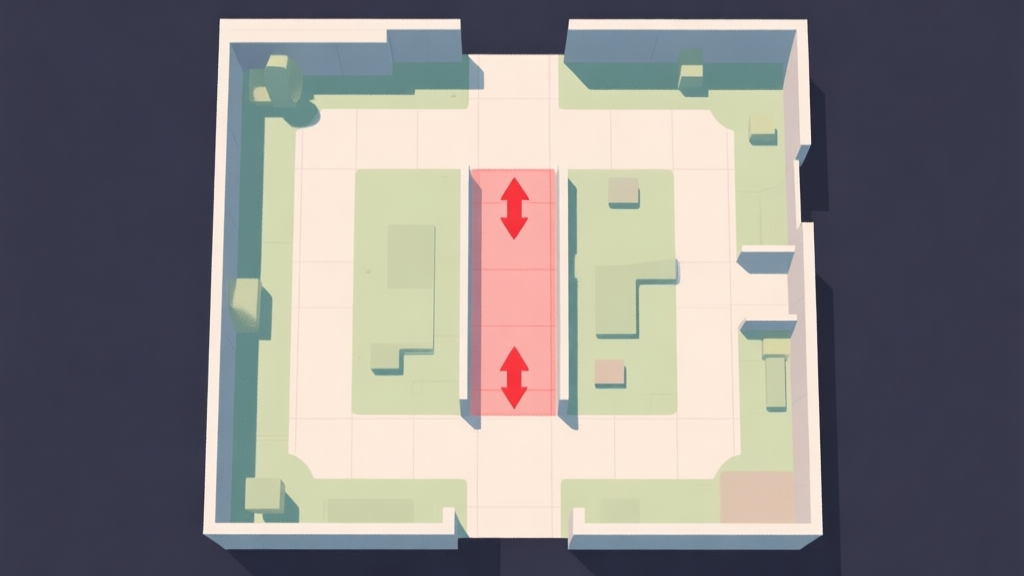 Top-down tactical map view of a game level, showing two main paths and a highlighted, dangerous corridor with faint red arrows indicating common sightlines and engagement zones, minimalist style with soft colors high quality illustration, detailed, 16:9