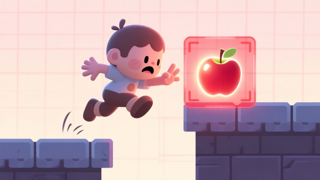 A stylized, slightly frustrating game scene in a 2D platformer. A cute character is mid-jump, fingers outstretched towards a glowing apple on a ledge, but a translucent red hitbox around the apple shows it's just out of reach. Soft pastel background with subtle grid lines. high quality illustration, detailed, 16:9