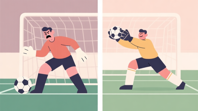 自动生成图片: Split-screen illustration showing a frustrated virtual goalkeeper on one side with a ball in the net, and a confident, well-positioned goalkeeper on the other side making a save. Soft, muted colors, flat design style, focusing on positioning lines and angles. high quality illustration, detailed, 16:9