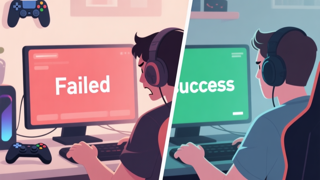 A split-screen image showing a frustrated gamer on one side with a "Failed" screen, and a calm, focused gamer on the other side with a "Success" screen, in a soft, muted color palette with game controller elements subtly in the background high quality illustration, detailed, 16:9