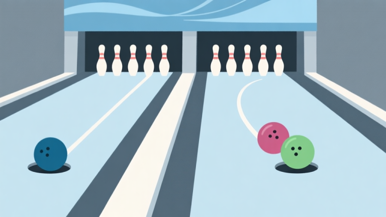 自动生成图片: A side-by-side comparison of two bowling ball trajectories in a minimalist lane illustration. One path is straight and ends in the gutter, the other has a smooth curve striking the pocket. Soft blue and grey color scheme, flat design high quality illustration, detailed, 16:9