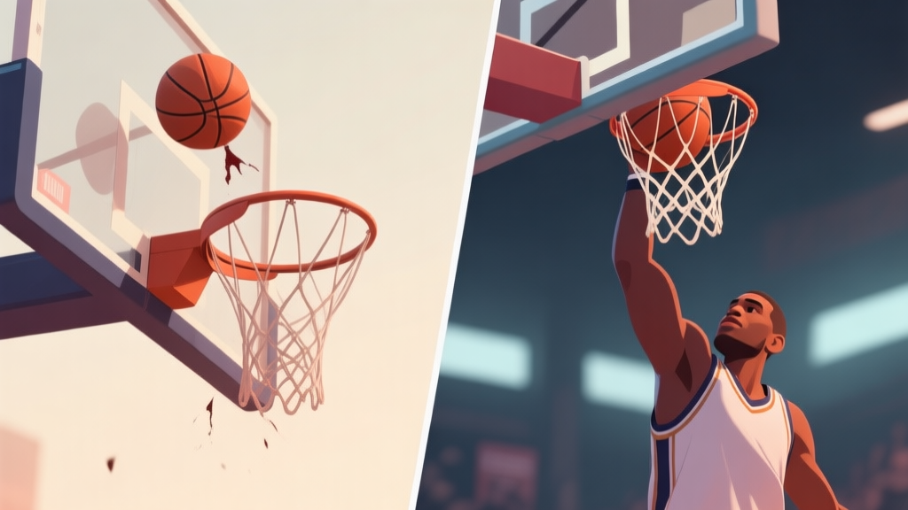 A split-screen comparison of a failed dunk attempt (ball bouncing off rim) and a perfect dunk (player hanging on rim, ball swishing through net), in a stylized basketball video game aesthetic, soft lighting, muted colors high quality illustration, detailed, 16:9