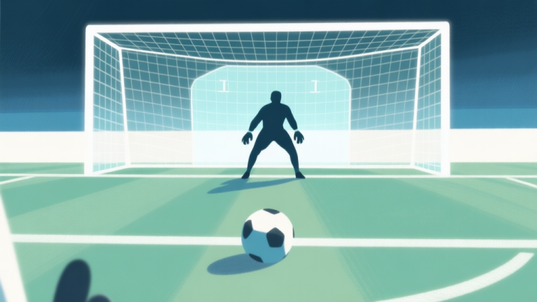 自动生成图片: A dynamic, soft-toned illustration of a football penalty scene from a player's perspective. The focus is on the penalty spot and goal, with a faint, shimmering grid over the goal showing optimal placement zones. The goalkeeper is a stylized silhouette. The mood is tense yet calculated, with a color palette of muted greens, blues, and whites. high quality illustration, detailed, 16:9