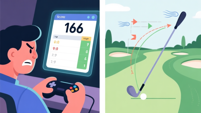 自动生成图片: A split-screen illustration showing a frustrated gamer on the left with a virtual golf scorecard displaying a high number, and on the right, a detailed diagram of a golf swing path, wind vectors, and green contours, in a clean digital art style with a soft color palette high quality illustration, detailed, 16:9