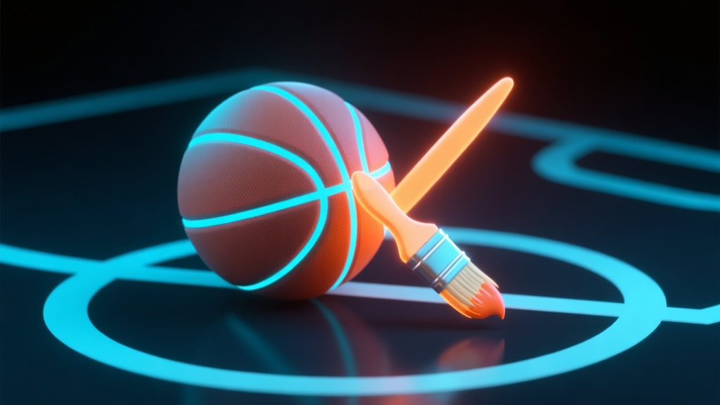 A stylized, minimalist 3D render of a digital basketball and a glowing paintbrush crossing each other on a dark court, soft neon blue and orange glow, video game asset style high quality illustration, detailed, 16:9