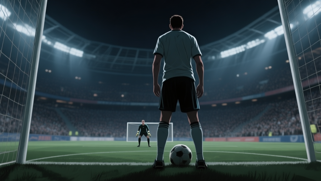 A dramatic, low-angle view from behind a soccer player standing at the penalty spot in a packed, blurry stadium at night, focusing on the tension in the player's posture and the distant, waiting goalkeeper, cinematic lighting high quality illustration, detailed, 16:9
