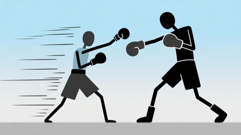 自动生成图片: A dynamic, minimalist illustration of a stickman boxer in mid-combo, with motion lines tracing a jab, cross, and uppercut sequence, on a soft gradient background of light blue and grey high quality illustration, detailed, 16:9