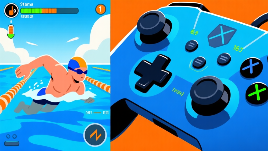 Split-screen video game illustration showing a swimmer character on the left with a detailed stamina bar and breath meter, and on the right, a close-up of controller buttons with rhythmic timing indicators, in a cool blue and dynamic orange color scheme high quality illustration, detailed, 16:9