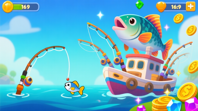自动生成图片: A vibrant, cute game screenshot style image showing a progression from a simple fishing rod catching a small fish on the left, to a large fishing boat with multiple rods catching huge, exotic fish on the right, with coins and gems sparkling around it. high quality illustration, detailed, 16:9