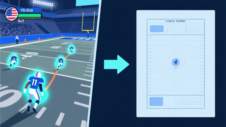自动生成图片: Split-screen illustration showing a dynamic American football video game play on one side (with glowing player icons and a play route line) and a simplified, clean playbook diagram on the other side, connected by a central arrow, using a cool-toned color scheme with blues and greys high quality illustration, detailed, 16:9