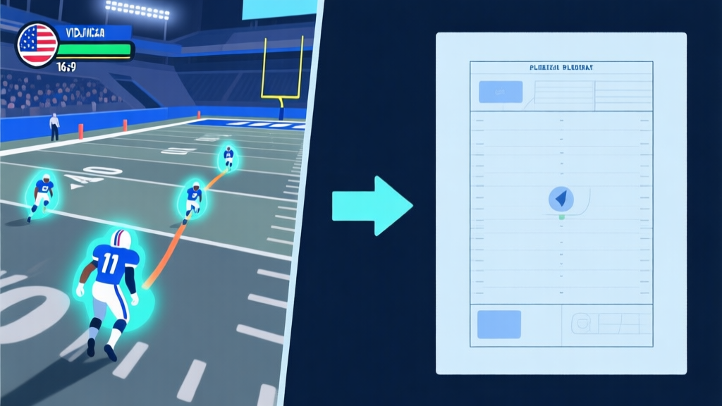 Split-screen illustration showing a dynamic American football video game play on one side (with glowing player icons and a play route line) and a simplified, clean playbook diagram on the other side, connected by a central arrow, using a cool-toned color scheme with blues and greys high quality illustration, detailed, 16:9