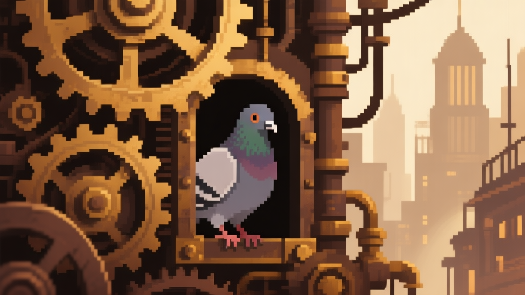 A mysterious, partially hidden pixel-art pigeon peeking from behind a complex gear mechanism in a steampunk city, soft glow, muted brown and gold color palette high quality illustration, detailed, 16:9