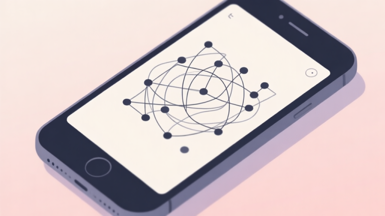 自动生成图片: A minimalist, top-down view of an unsolved Infinity Loop puzzle on a mobile screen, showing tangled lines and nodes against a soft pastel background, evoking a sense of calm challenge high quality illustration, detailed, 16:9