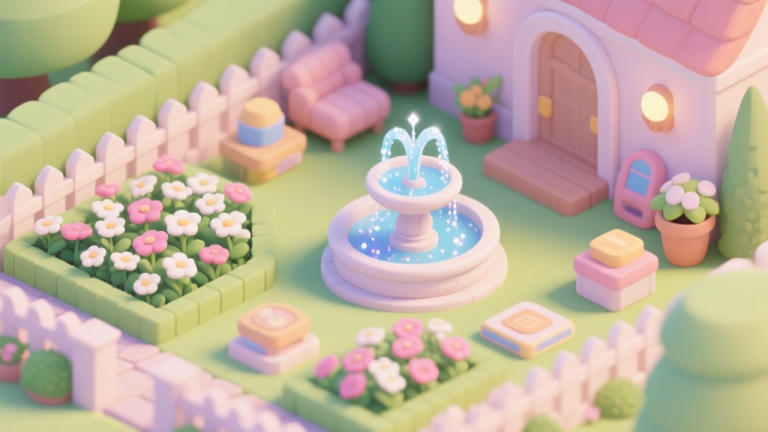 自动生成图片: A cozy, inviting game scene showing a neatly organized garden with merged items like a sparkling fountain and a blooming flower bed, soft pastel color palette, isometric view high quality illustration, detailed, 16:9