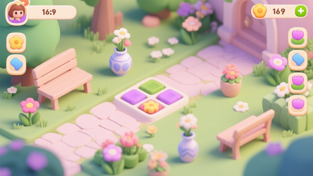 A cozy, inviting game interface showing a peaceful garden scene with mergeable items like flowers and vases placed around decorative paths and benches, soft pastel color palette, isometric view high quality illustration, detailed, 16:9