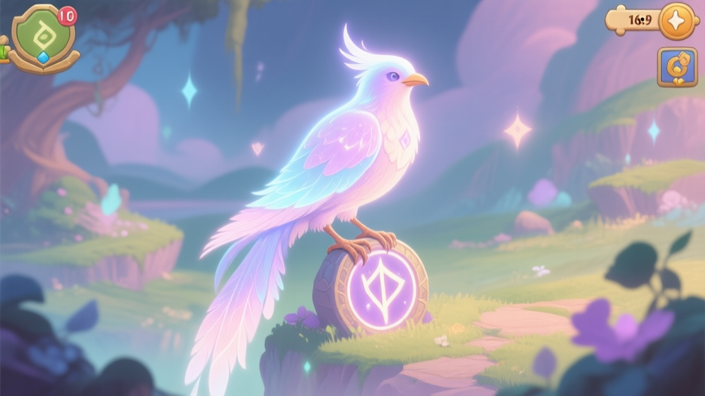 A mystical, glowing bird with ethereal feathers in a puzzle game fantasy landscape, perched on a magical rune, soft pastel colors, dreamlike atmosphere high quality illustration, detailed, 16:9