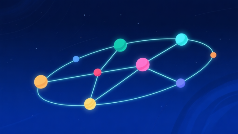 自动生成图片: A minimalist, clean illustration showing a glowing network of lines connecting colorful orbs in space, on a dark blue cosmic background, flat design style high quality illustration, detailed, 16:9