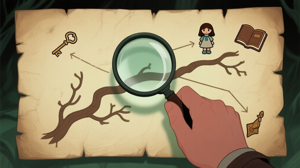 A hand holding a magnifying glass over a branching path diagram on a worn parchment, with subtle icons representing different game items (key, doll, book), soft sepia and muted green color palette, mysterious atmosphere high quality illustration, detailed, 16:9