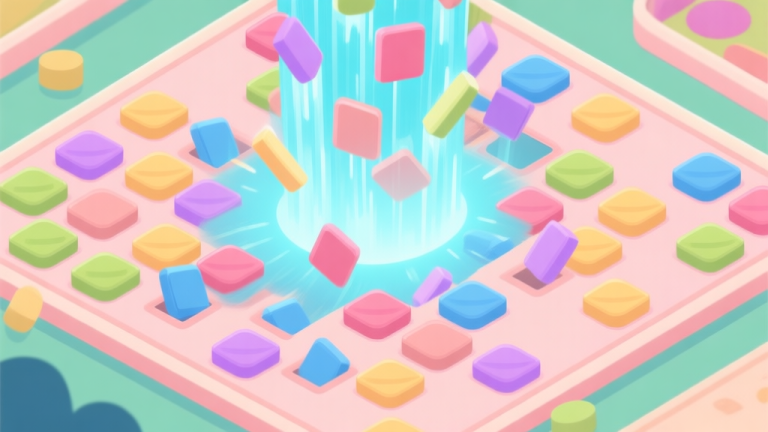 自动生成图片: A top-down view of a vibrant match-3 game board in soft pastel colors, showing a complex cascade of tiles disappearing and a massive combo counter glowing in the center, flat design style high quality illustration, detailed, 16:9