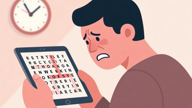 自动生成图片: A frustrated person looking at a complex word search puzzle on a tablet, with a clock ticking in the background, in a flat illustration style with soft muted colors high quality illustration, detailed, 16:9