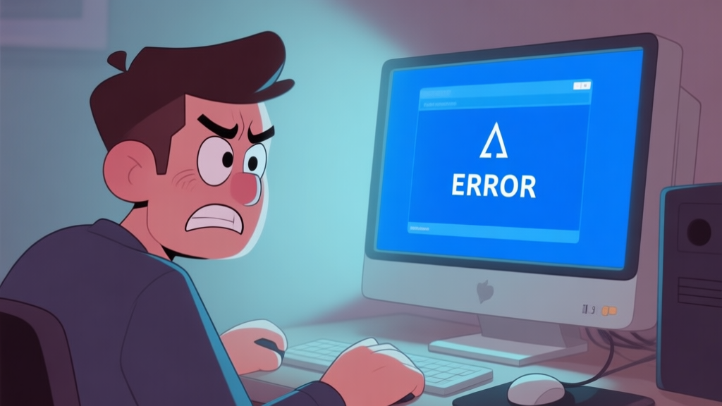 A frustrated gamer looking at a computer screen displaying a blue error message, soft lighting, muted colors, cartoonish style high quality illustration, detailed, 16:9
