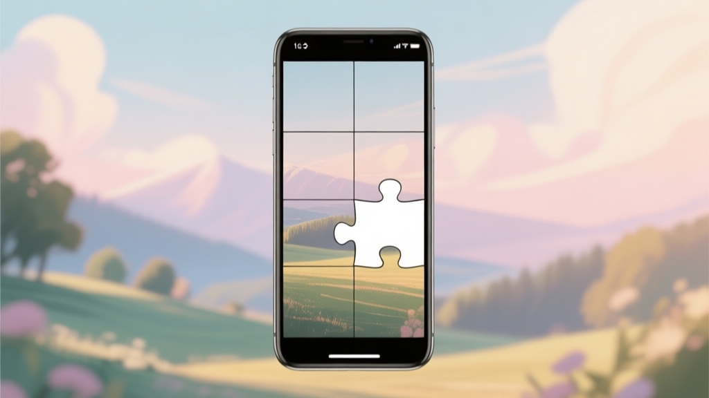 A smartphone screen showing a beautiful scenic photo split into a 4x4 sliding puzzle, with one piece missing, soft natural lighting, pastel color palette high quality illustration, detailed, 16:9