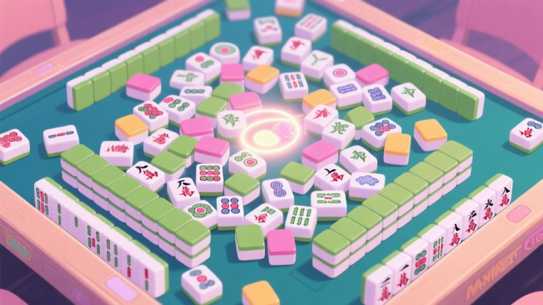 自动生成图片: A top-down view of a challenging Mahjong Sweet Connection game board, filled with colorful tiles in a seemingly chaotic state, with a few possible matches subtly highlighted in a soft glow, pastel color scheme high quality illustration, detailed, 16:9