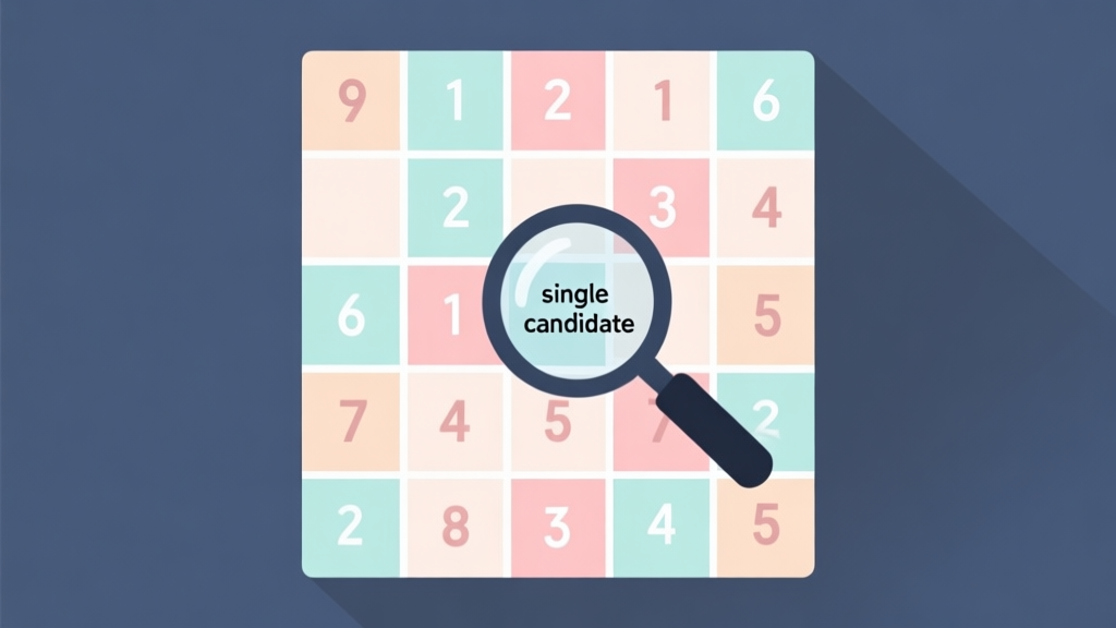 A clean, minimalist 9x9 Sudoku grid partially filled with numbers, soft pastel colors for different boxes, a magnifying glass hovering over a simple "single candidate" cell, flat design style high quality illustration, detailed, 16:9