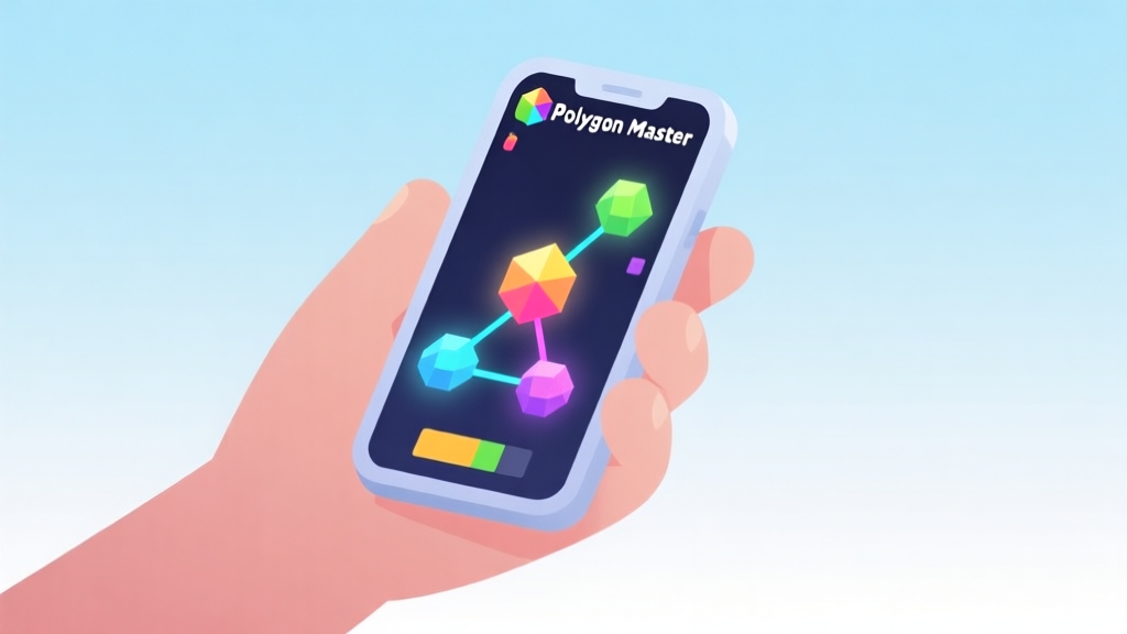 A minimalist, clean illustration of a hand holding a smartphone, with a vibrant Polygon Master game level displayed on screen. The game shows colorful geometric shapes connected by lines, with a soft, glowing effect. The background is a gentle gradient of light blue and white. high quality illustration, detailed, 16:9
