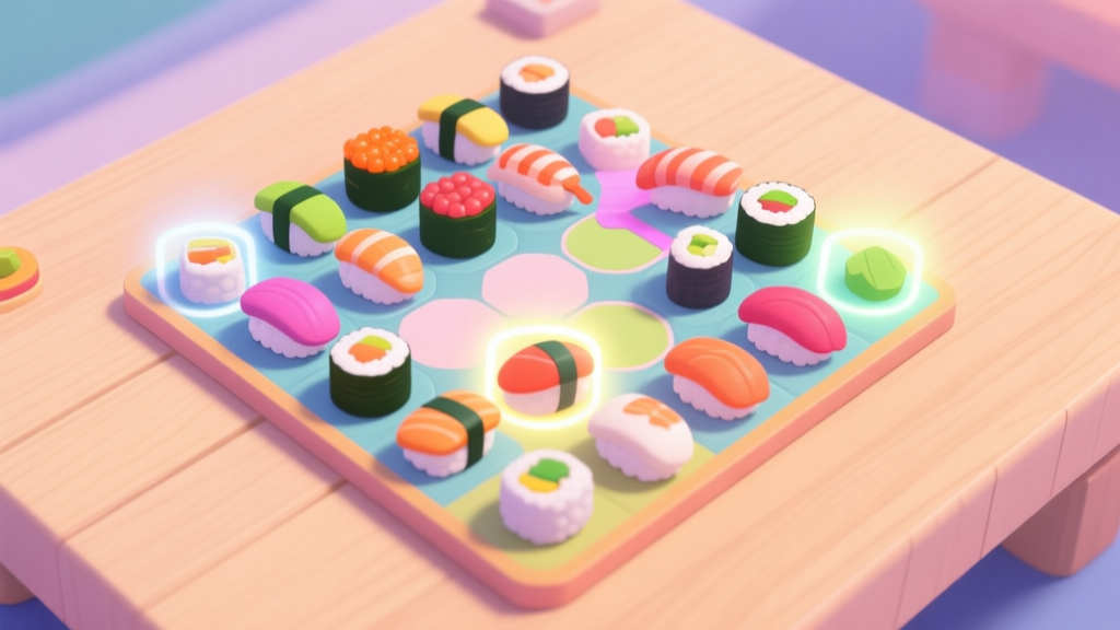 A top-down view of a vibrant Sushi Merge game board, mid-game, with various colorful sushi pieces arranged strategically, some highlighted with a soft glow, on a clean wooden background, soft pastel colors high quality illustration, detailed, 16:9