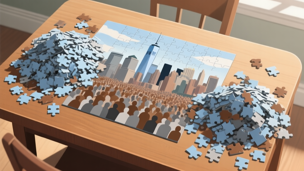 A frustrating jigsaw puzzle scene: a nearly completed New York skyline puzzle on a wooden table, with two overwhelming piles of nearly identical blue-gray sky pieces and a chaotic mix of brown and grey crowd pieces, soft natural lighting, top-down view high quality illustration, detailed, 16:9