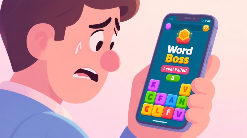 A frustrated player looking at a smartphone screen showing a difficult Word Boss level, with a mix of colorful letter tiles and a "Level Failed" message, in a soft pastel color palette high quality illustration, detailed, 16:9