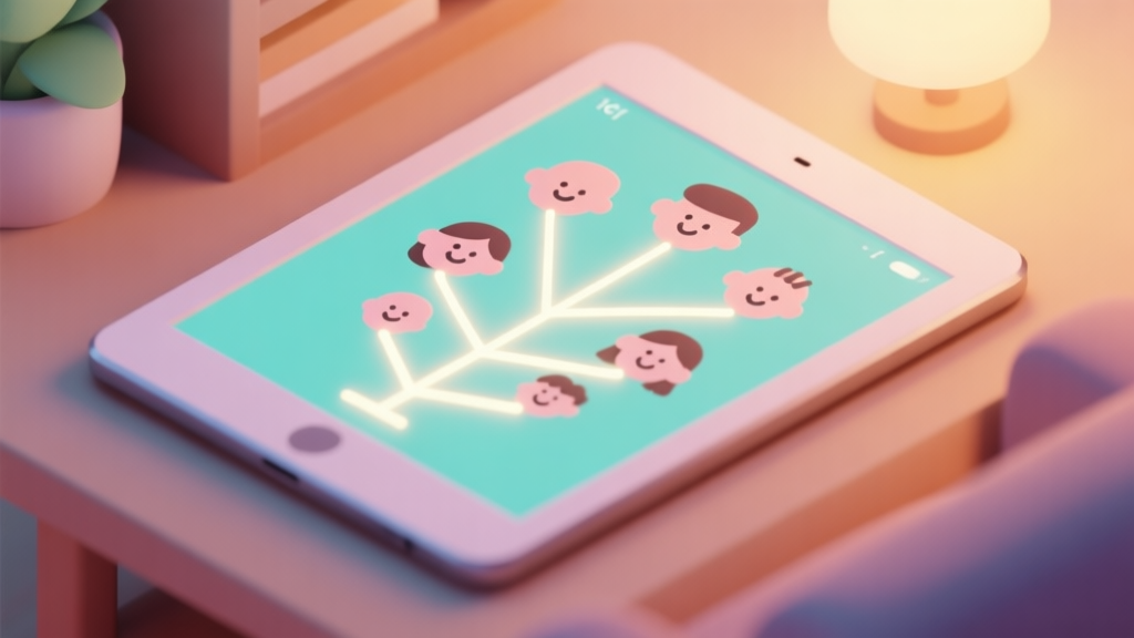 A cozy, isometric view of a digital family tree on a tablet screen, with hand-drawn faces connected by glowing lines, soft pastel colors, warm lighting, flat design style high quality illustration, detailed, 16:9