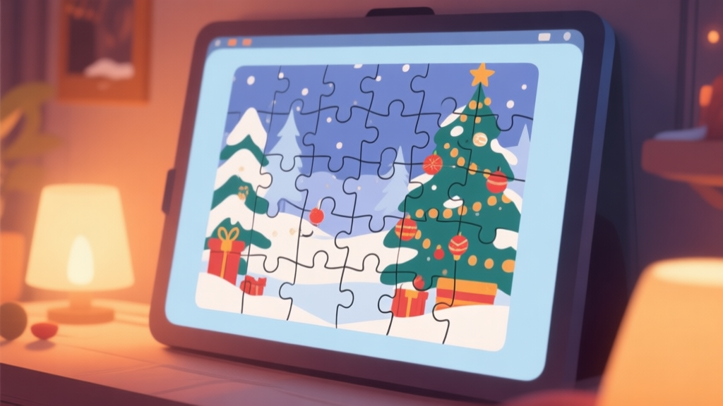 A cozy, softly lit digital screen showing a half-completed Christmas jigsaw puzzle with snowy scene and festive decorations, warm color palette, flat illustration style high quality illustration, detailed, 16:9