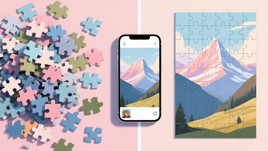 A split-screen image showing a messy pile of digital puzzle pieces on one side and a beautifully completed photo puzzle of a mountain landscape on the other, with a smartphone in the middle, soft pastel color scheme high quality illustration, detailed, 16:9