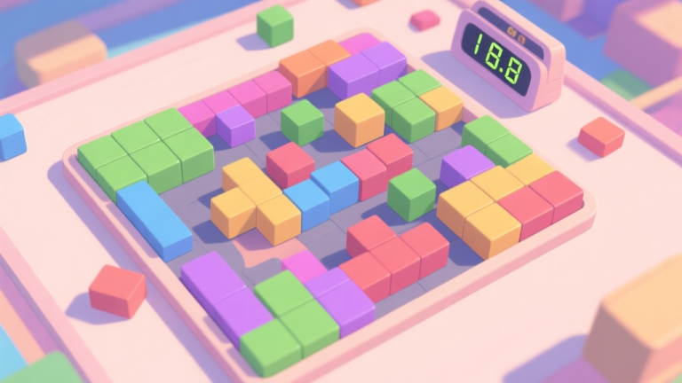 自动生成图片: A top-down view of a colorful, chaotic moving blocks puzzle game screen, with mismatched blocks and a timer running low, in a soft pastel color palette high quality illustration, detailed, 16:9