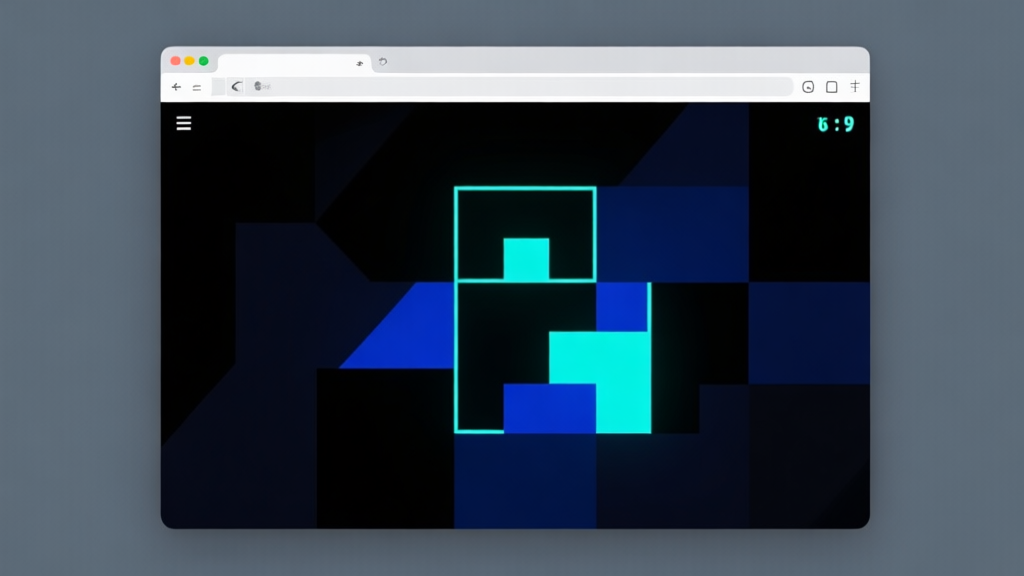 A minimalist browser window showing a dark-themed puzzle game with geometric shapes in shades of black, dark blue, and neon accents, on a soft dark grey background high quality illustration, detailed, 16:9