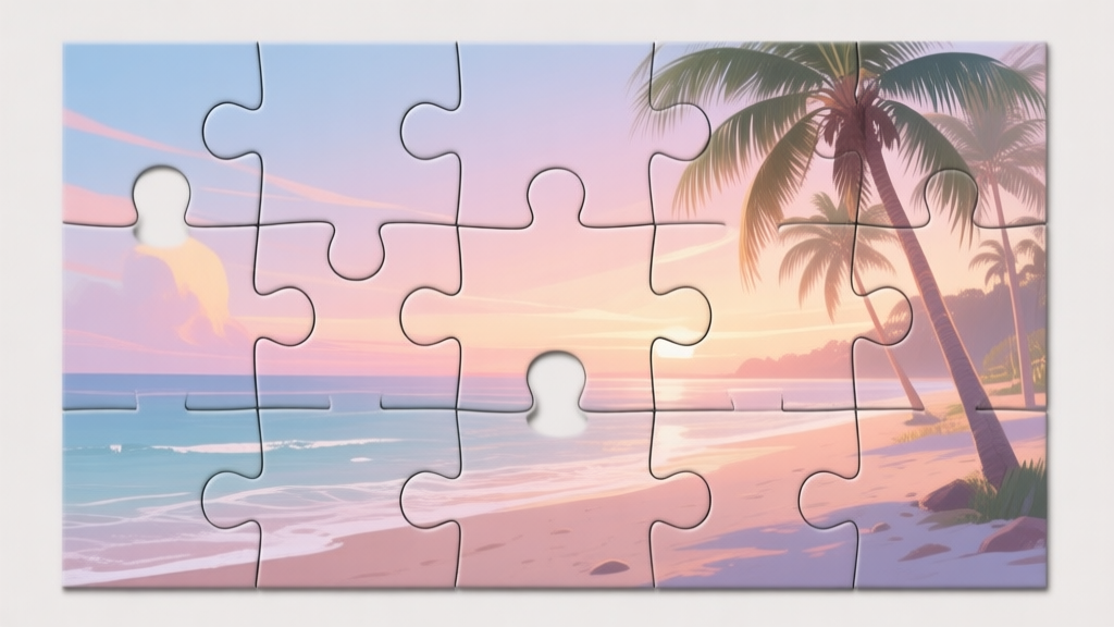 A serene summer scene split into jigsaw puzzle pieces, showing a beach and palm trees partially assembled, soft pastel sunset colors, digital art style high quality illustration, detailed, 16:9
