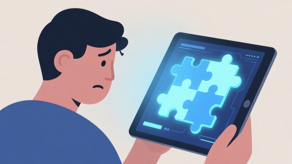 A minimalist, slightly confused person looking at a glowing, abstract digital puzzle interface on a tablet, with soft blues and neutral background colors, flat design style high quality illustration, detailed, 16:9