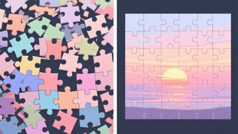 自动生成图片: A side-by-side comparison of a messy, disorganized mosaic puzzle with misaligned pieces and poor color grouping, versus a clean, perfectly aligned mosaic puzzle forming a clear image of a sunset, soft pastel color palette, digital art style high quality illustration, detailed, 16:9