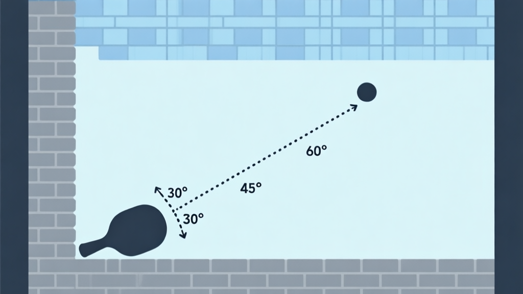 A clean, minimalist side-view diagram of a brick breaker game scene. A paddle at the bottom, a ball trajectory shown as a dotted line with angles (e.g., 30°, 45°, 60°) labeled, and a grid of bricks above. Soft blue and grey color scheme, flat design style. high quality illustration, detailed, 16:9