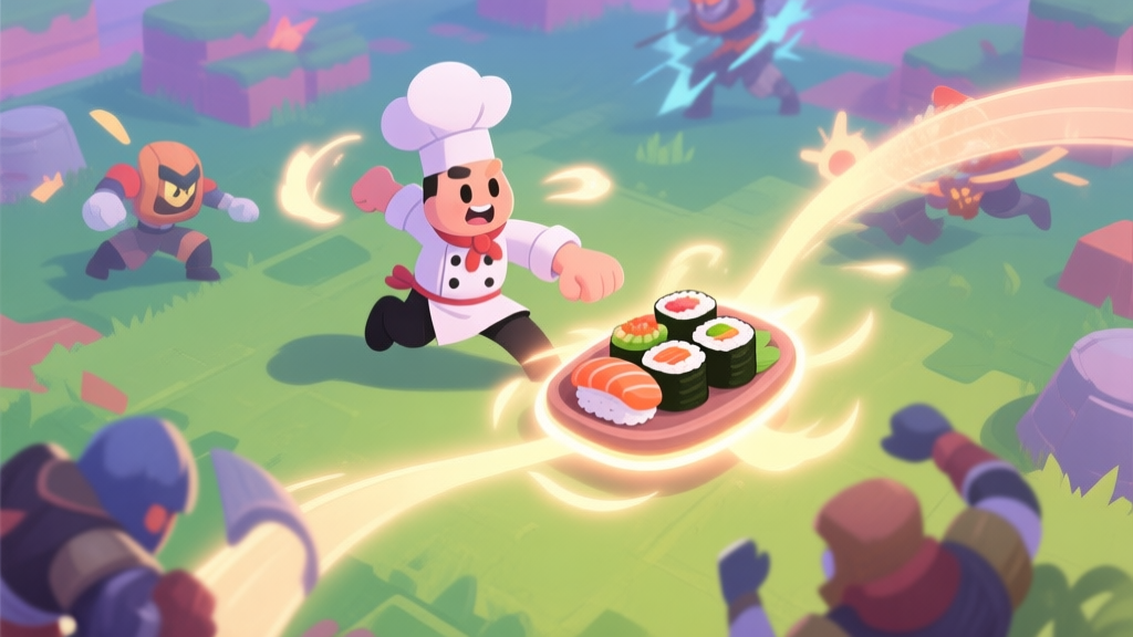 A stylized, top-down view of a vibrant game battlefield, with a cartoonish Sushi Chef character in the center, gracefully dodging enemy attacks while preparing a glowing sushi platter that radiates healing waves to allies, soft pastel color palette high quality illustration, detailed, 16:9