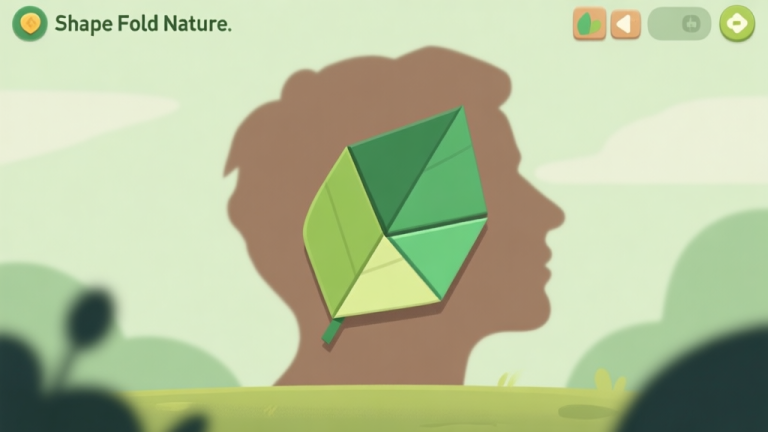 自动生成图片: A serene, minimalist game screenshot showing a half-solved puzzle from Shape Fold Nature, featuring a leaf shape being folded onto a matching silhouette, with soft green and earth tone colors, clean interface high quality illustration, detailed, 16:9