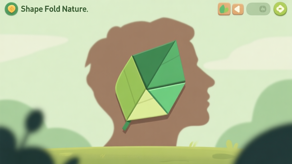 A serene, minimalist game screenshot showing a half-solved puzzle from Shape Fold Nature, featuring a leaf shape being folded onto a matching silhouette, with soft green and earth tone colors, clean interface high quality illustration, detailed, 16:9