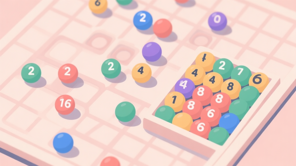 A top-down view of a 2048 Balls game grid in soft pastel colors, showing a chaotic mid-game state with balls numbered 2, 4, 8, and 16 scattered, with one corner neatly organized, minimalist flat design high quality illustration, detailed, 16:9