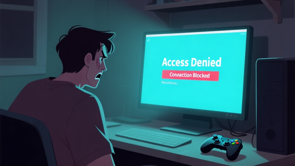 A frustrated gamer in a dimly lit room looking at a computer screen displaying a bright "Access Denied" or "Connection Blocked" error message, with game controller on the desk, soft shadows and muted color palette high quality illustration, detailed, 16:9